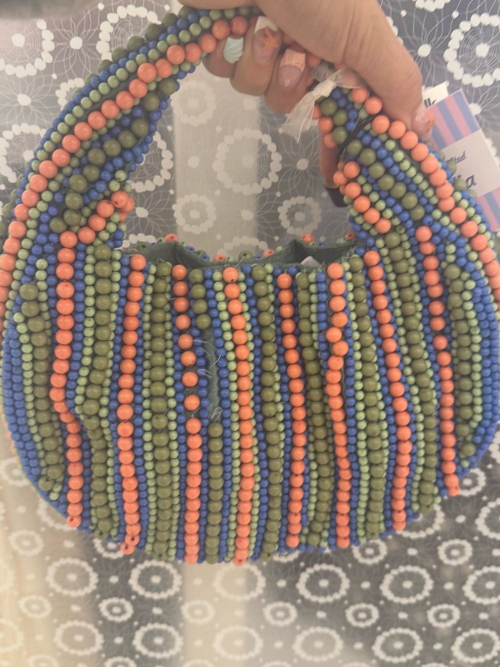 Beaded Handbag in Olive, Coral & Blue